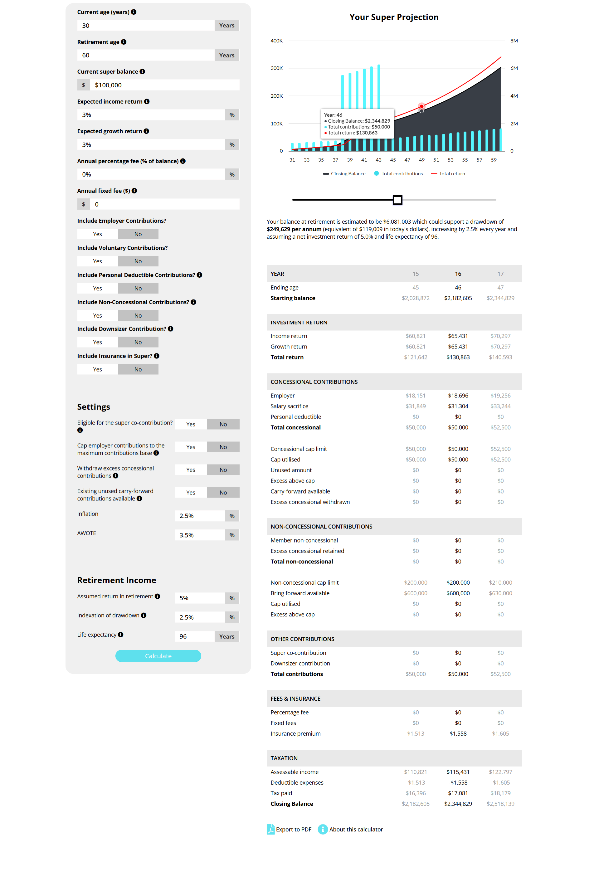 Superannuation Projection Calculator